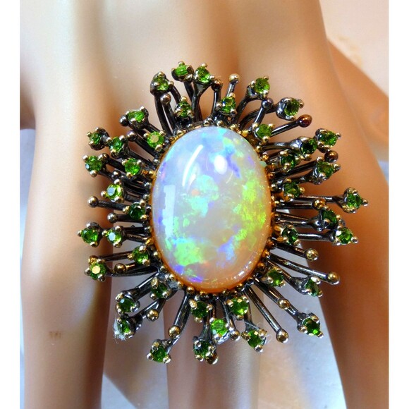 Stunning Huge 13 CT Natural Ethiopian Opal Chrome Diopside Sterling Silver Ring - Picture 2 of 9